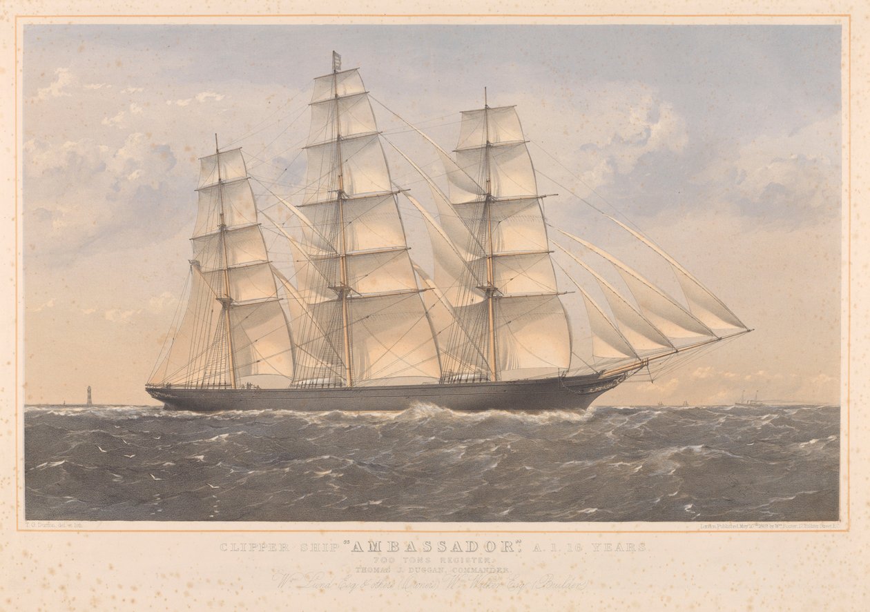 Clipper Ship Ambassador, A.1. 16 Years... William Lund Esquire i inni (właściciele) William Walker Esquire (budowniczowie) autorstwa Thomas Goldsworth Dutton