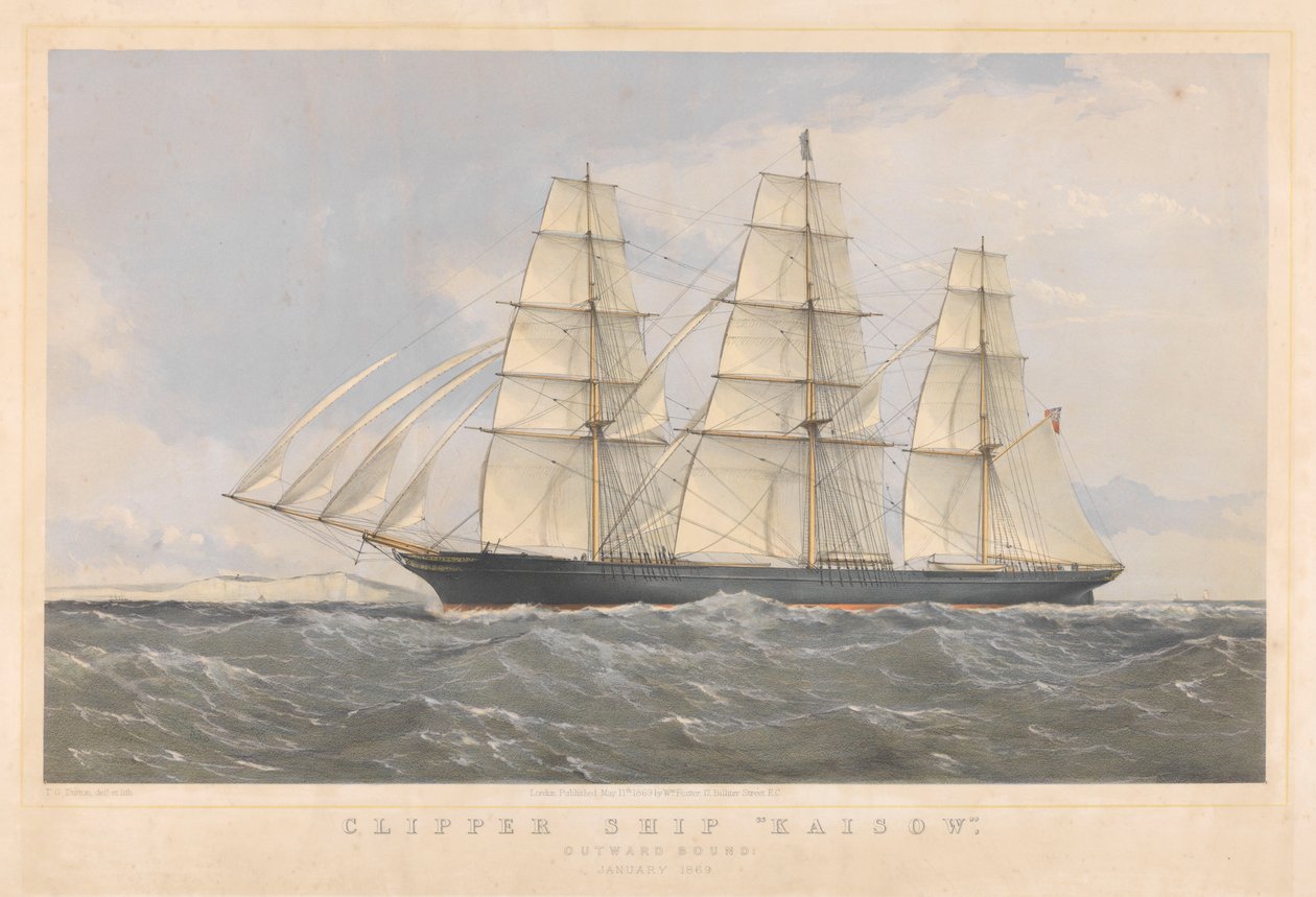 Kliperowiec Kaisow płynący w kierunku wyjścia, styczeń 1869, ok. 1868-74 (litografia barwna) autorstwa Thomas Goldsworth Dutton