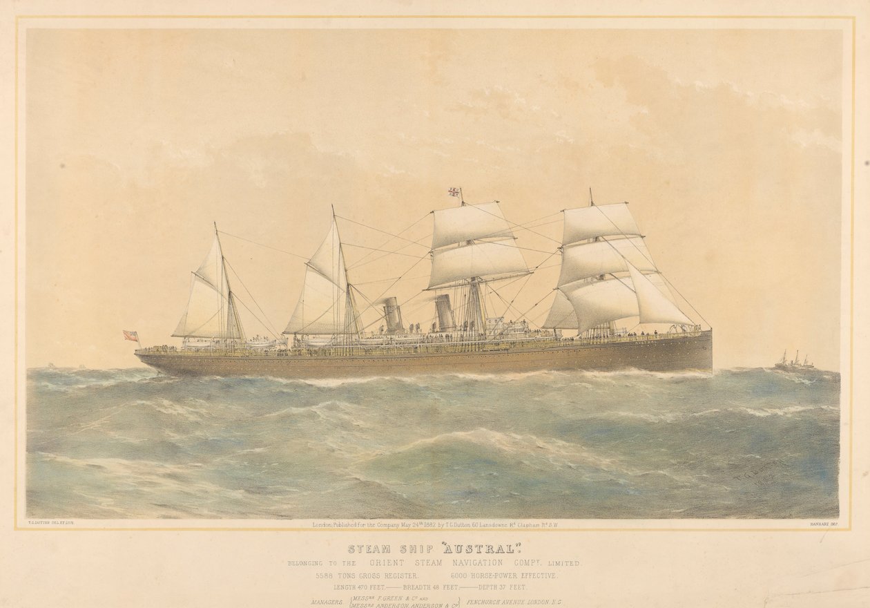 Statek parowy Austral należący do Orient Steam Navigation Company Limited, ok. 1868-74 (kolorowa litografia) autorstwa Thomas Goldsworth Dutton
