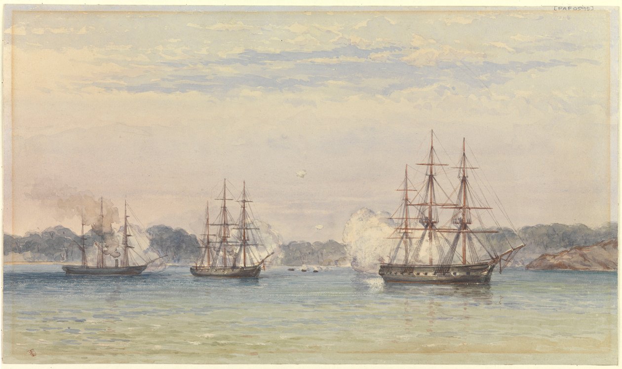 Wojna chińska 1857 r., trzy okręty HM bombardujące i łodzie okrętowe na lądzie autorstwa Thomas Goldsworth Dutton