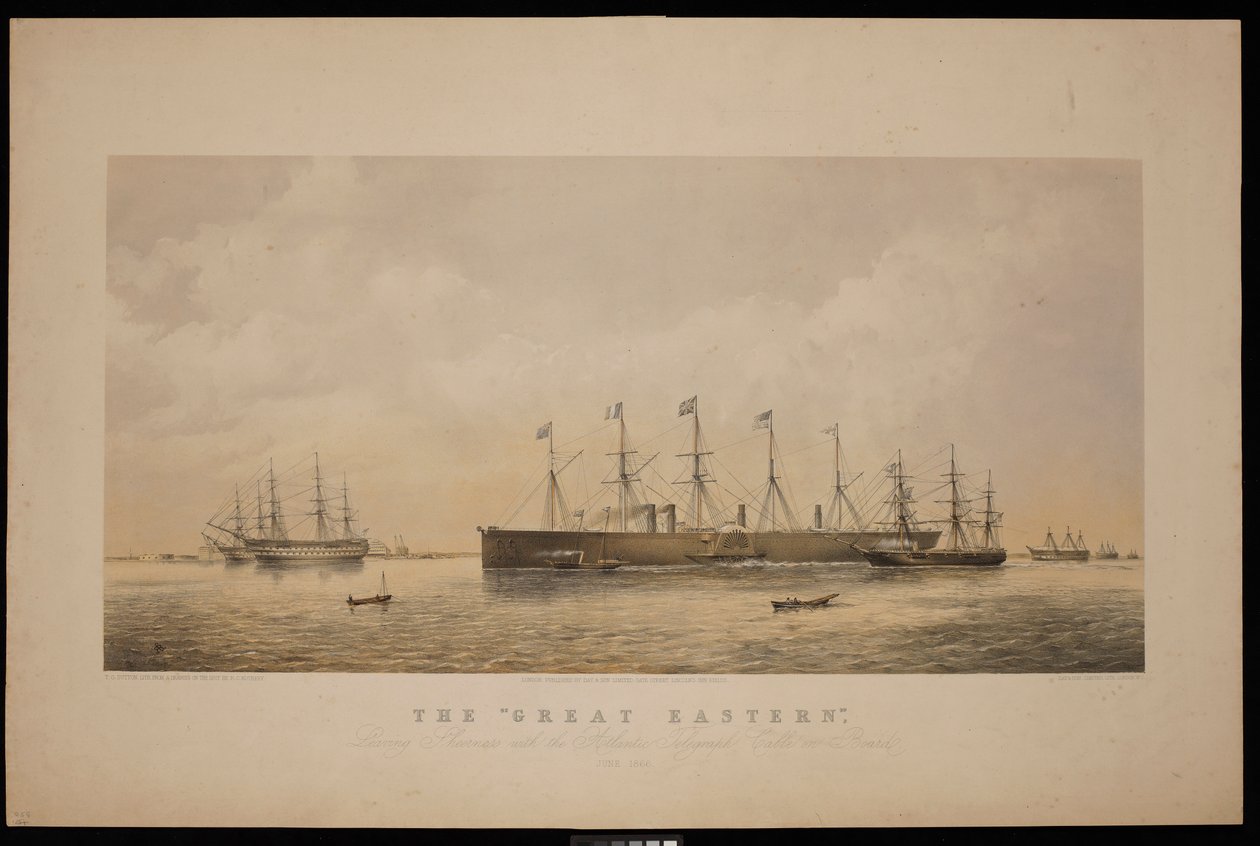 Great Eastern, opuszczający Sheerness z Atlantyckim Kablem Telegraficznym na pokładzie, czerwiec 1866 r. (litografia, barwiona) autorstwa Thomas Goldsworth Dutton