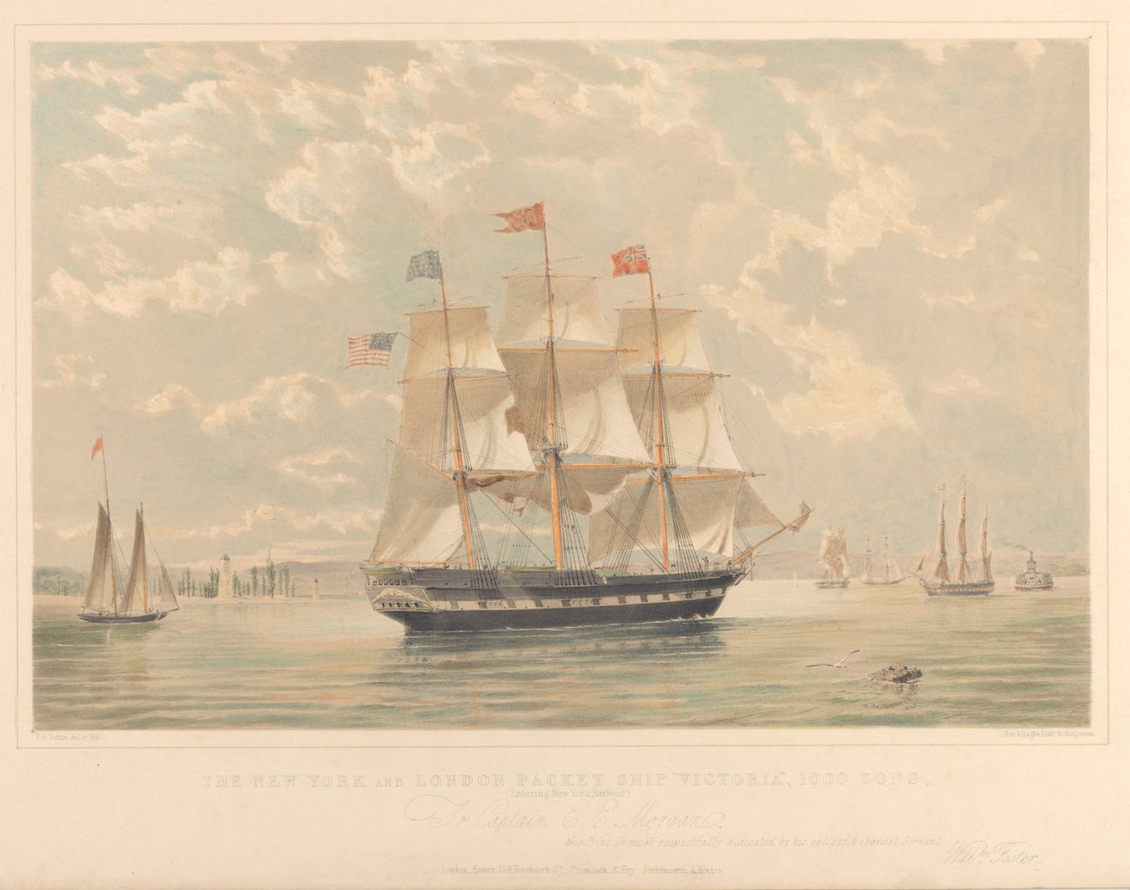 Statek New York and London Packet Victoria (wpływający do portu w Nowym Jorku), ok. 1839-44 (litografia, kolorowana) autorstwa Thomas Goldsworth Dutton