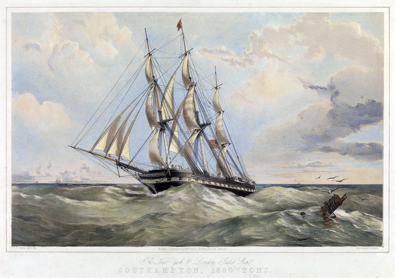 Żaglowiec linii New York (Stany Zjednoczone) Londyn (Anglia), Southampton (pojemność 1600 ton). Kolorowa litografia autorstwa Thomasa Goldswortha Duttona (1819-1891) autorstwa Thomas Goldsworth Dutton