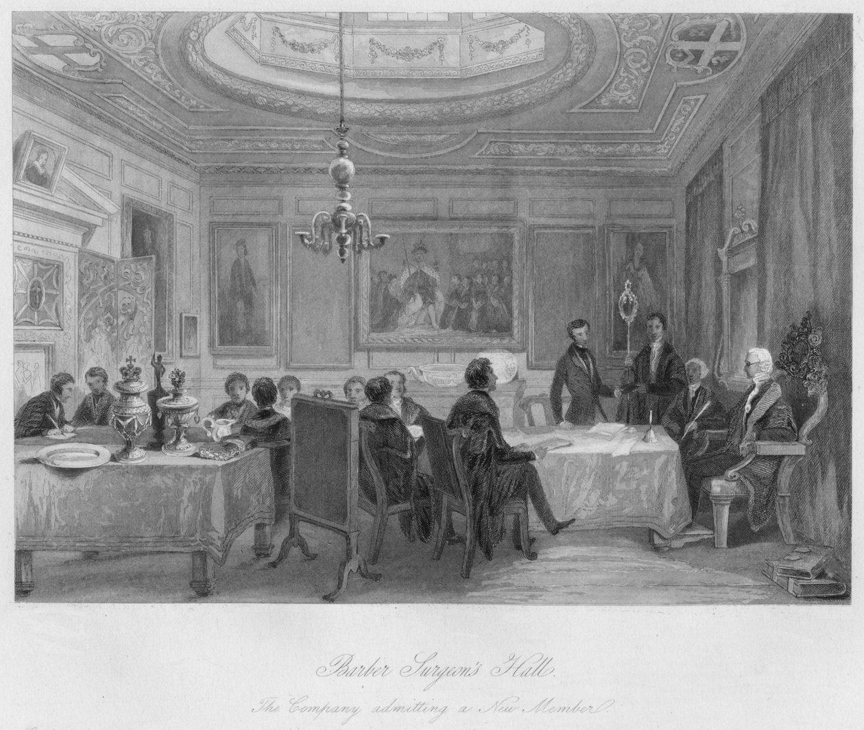 Sala Chirurgów Fryzjerskich. Spółka przyjmująca nowego członka, ok. 1841 r. autorstwa Thomas H. Ellis