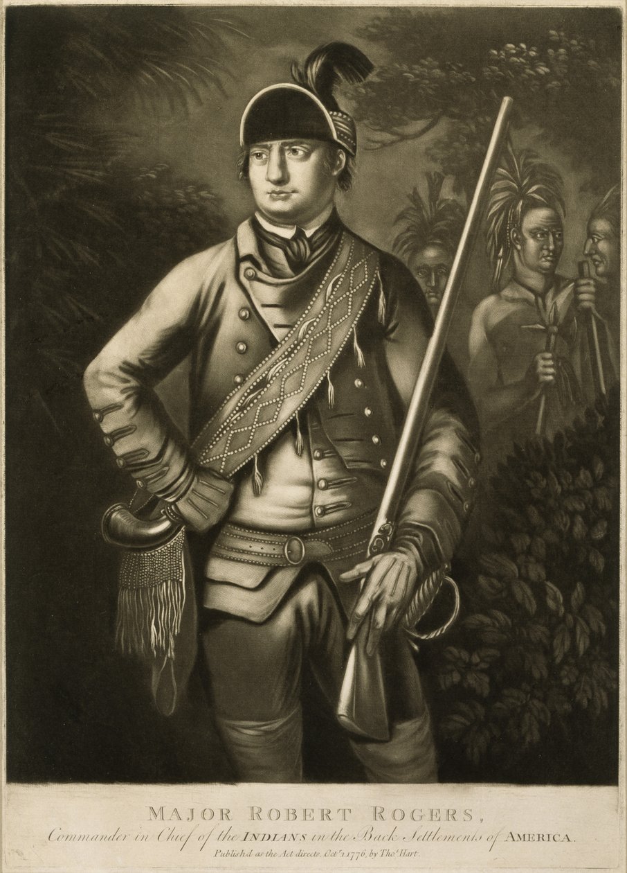 Major Robert Rogers, głównodowodzący Indian w tylnych osiedlach Ameryki, ok. 1930 r. 1776 (mezzotinta) autorstwa Thomas Hart