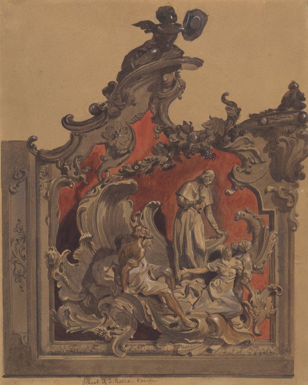 Szkoła San Rocco, Wenecja: Studium zakrzywionych dekoracji (pióro i atrament, toaleta i kolor ciała na ołówku na papierze) autorstwa Thomas Hartley Cromek