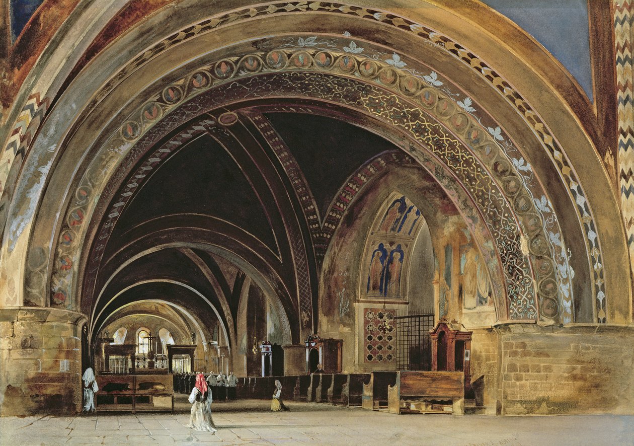 Wnętrze bazyliki dolnej św. Franciszka z Asyżu, 1839 (wc i gwasz z gumą arabską) autorstwa Thomas Hartley Cromek