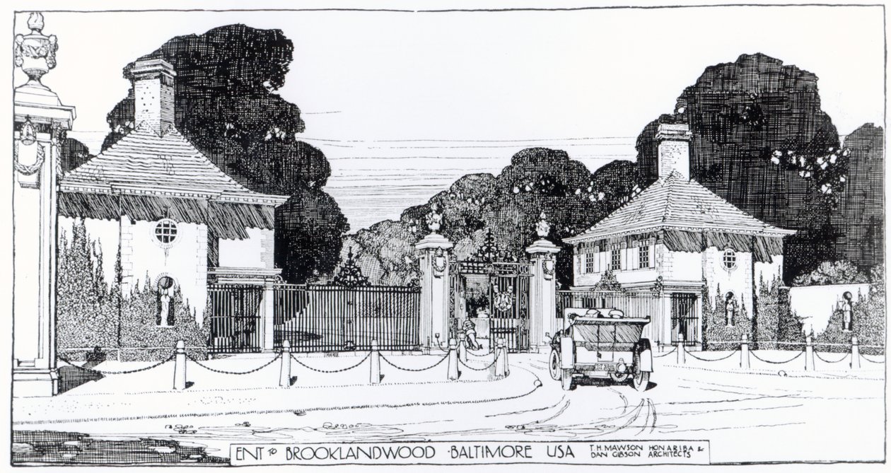 Wejście do Brooklandwood, Baltimore, USA, z „The Art and Craft of Garden Making” Thomasa Mawsona autorstwa Thomas Hayton Mawson
