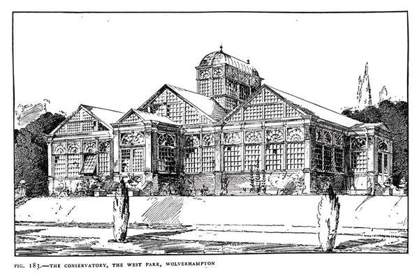 The Conservatory, the West Park, Wolverhampton, z książki „Sztuka i rzemiosło tworzenia ogrodu”, opublikowana w 1900 r. (lito) (zdjęcie czarno-białe) autorstwa Thomas Hayton Mawson