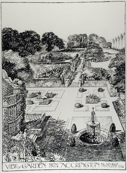 Widok ogrodu, Broad Oak, Accrington, z książki „The Art and Craft of Garden Making” Thomasa Mawsona, opublikowane w 1900 r. (rycina) (zdjęcie czarno-białe) autorstwa Thomas Hayton Mawson