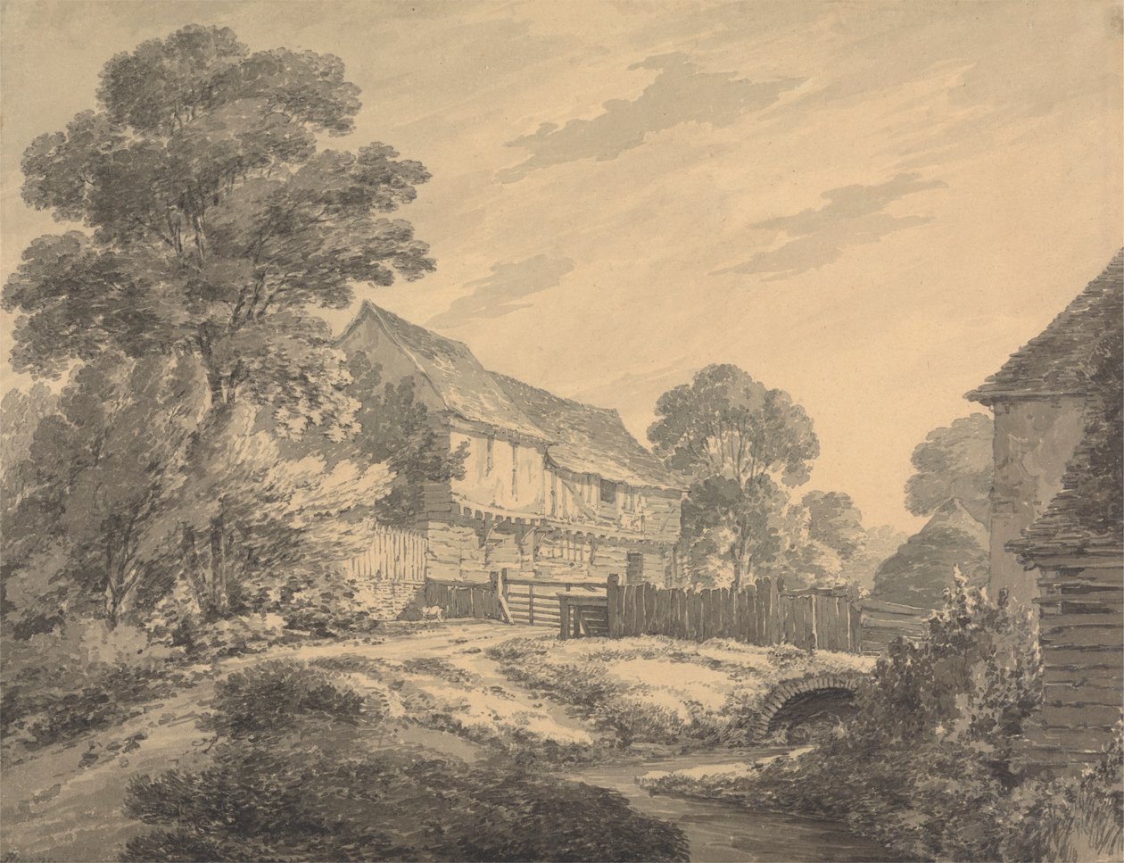 Dom wiejski i budynki nad strumieniem autorstwa Thomas Hearne