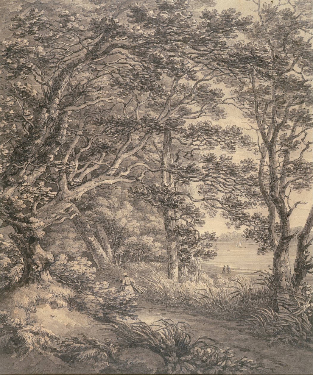 Pejzaż rzeczny z figurami (szary wash i grafit na papierze) autorstwa Thomas Hearne