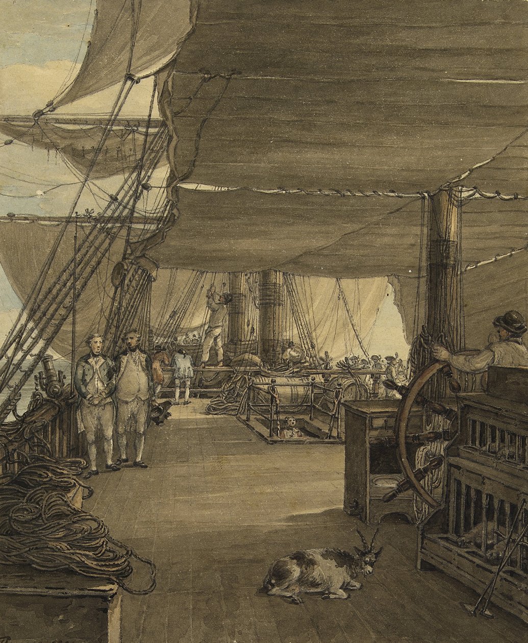 Scena na pokładzie HMS "Deal Castle" podczas podróży z Indii Zachodnich w 1775 roku. Akwarela autorstwa Thomas Hearne