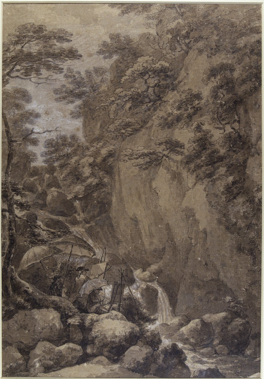 Sir George Beaumont i Joseph Farington malujący wodospad, 1777 (pióro, tusz i wash na papierze) autorstwa Thomas Hearne