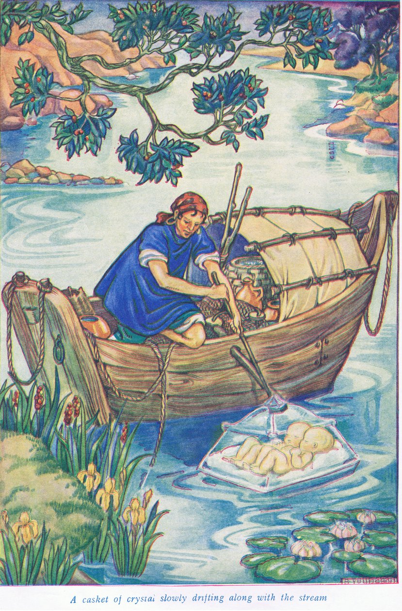 Szkatułka z kryształem unosząca się wzdłuż strumienia (kolorowa litografia) autorstwa Thomas Heath Robinson