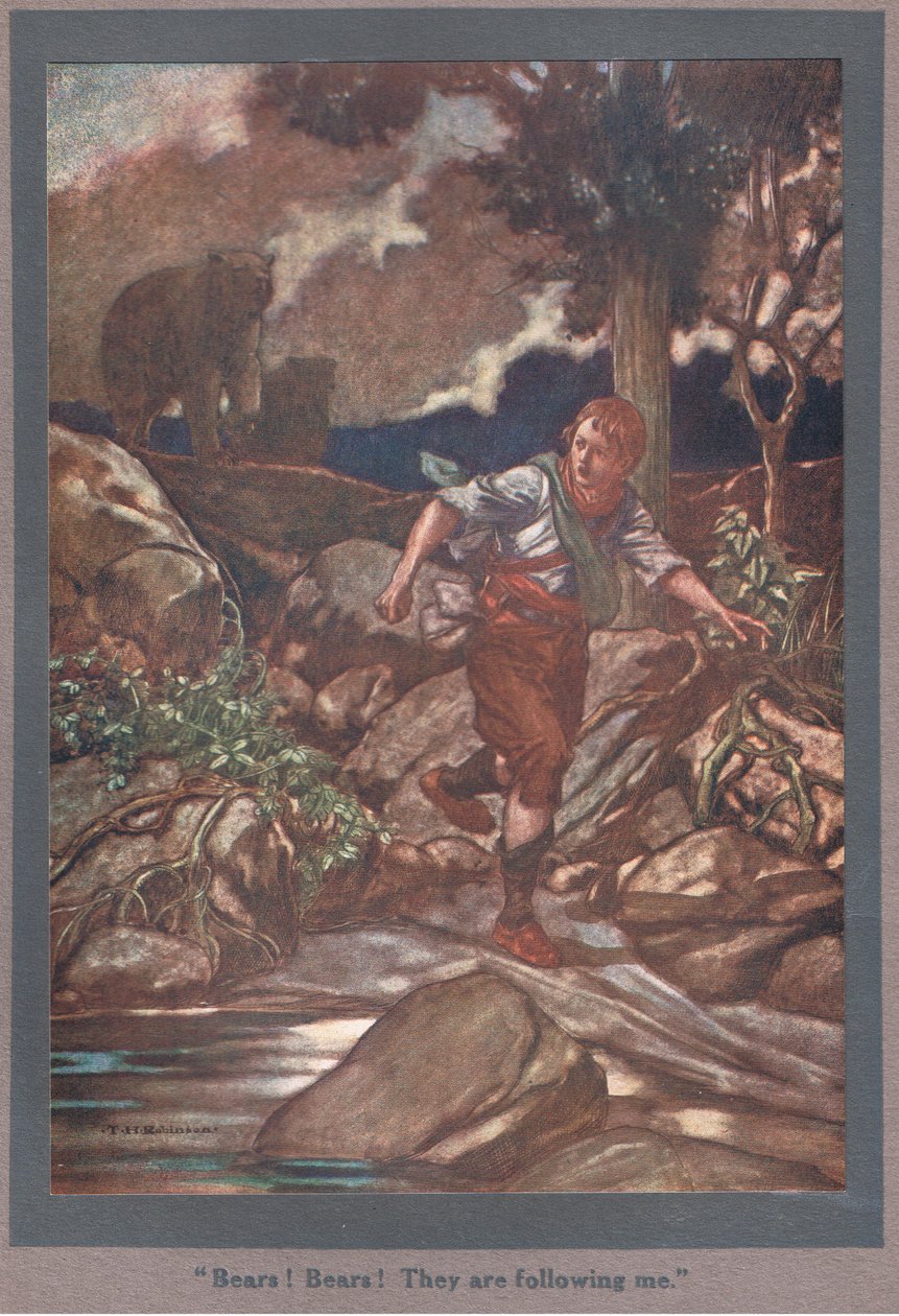 Niedźwiedzie! Niedźwiedzie! Podążają za mną (kolorowa litografia) autorstwa Thomas Heath Robinson