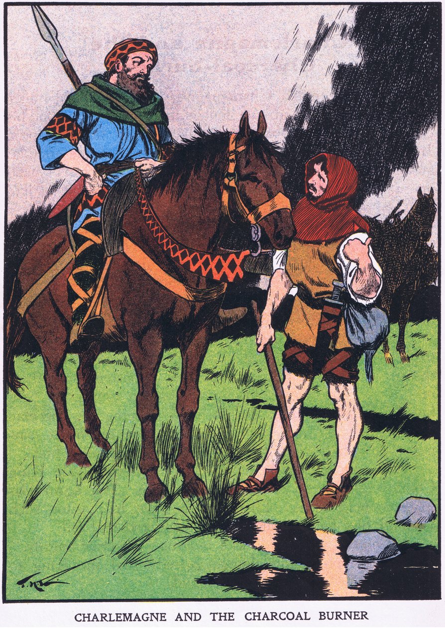 Karol Wielki i palnik na węgiel drzewny (kolorowa litografia) autorstwa Thomas Heath Robinson