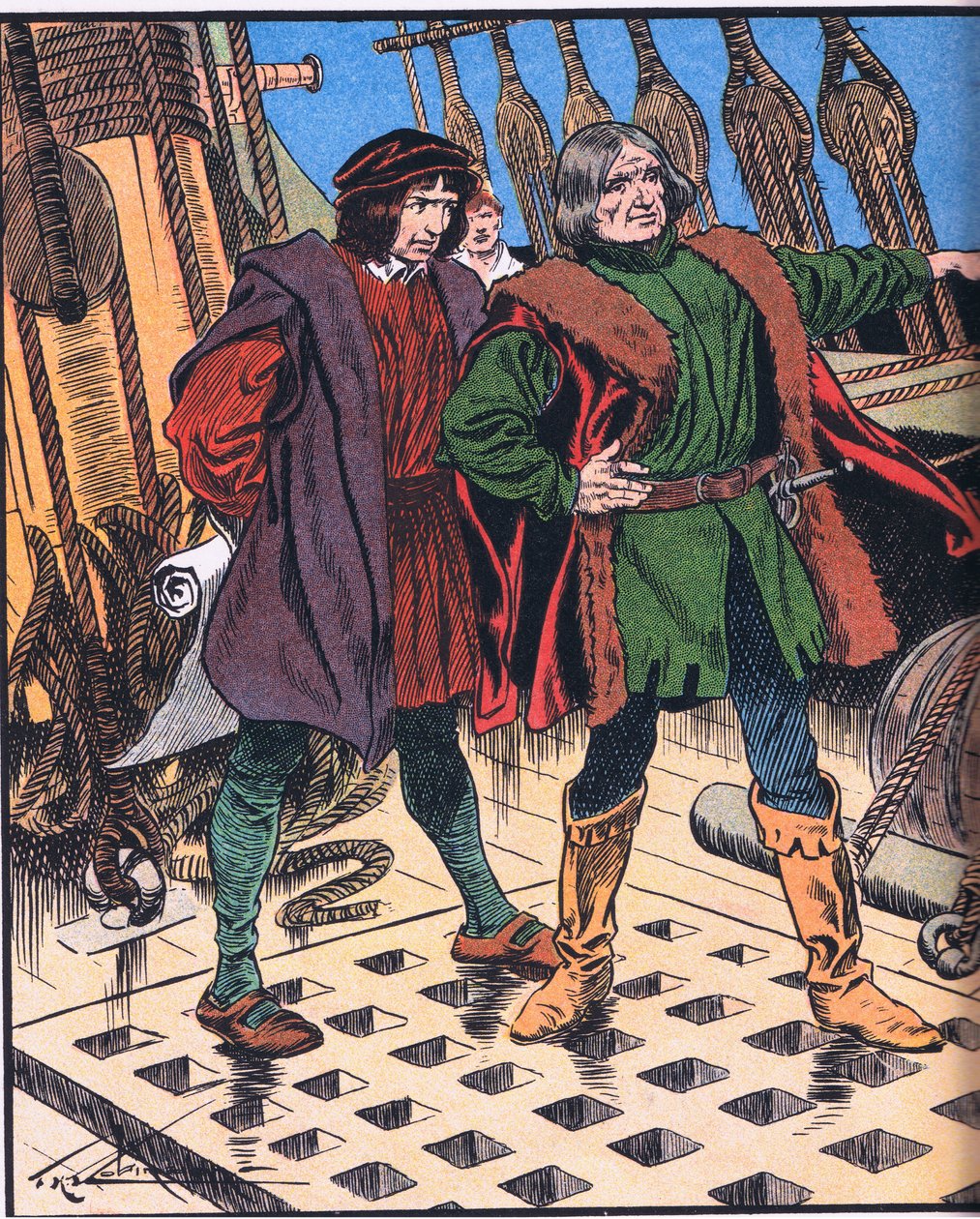 Kolumb podczas podróży do Ameryki (kolorowa litografia) autorstwa Thomas Heath Robinson