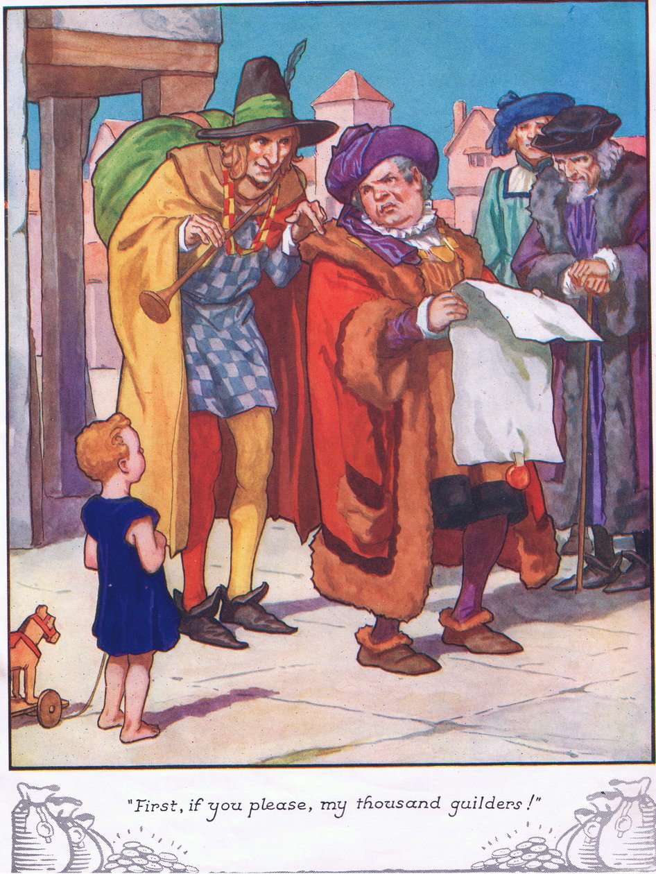 "Najpierw, jeśli można, mój tysiąc guldenów" (kolorowa litografia) autorstwa Thomas Heath Robinson