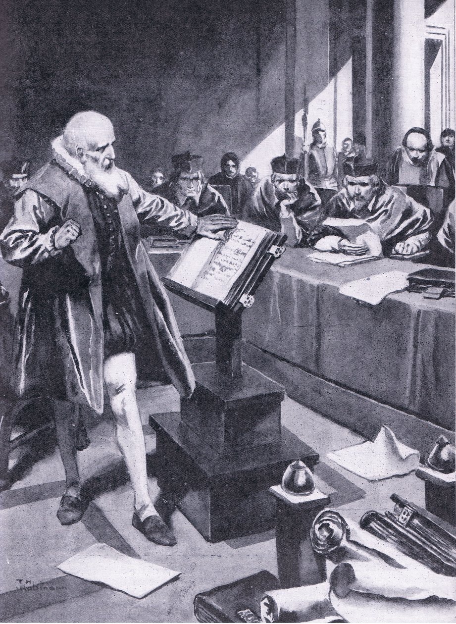 Galileusz występuje przed kardynałami w Rzymie, ilustracja z "Cassell