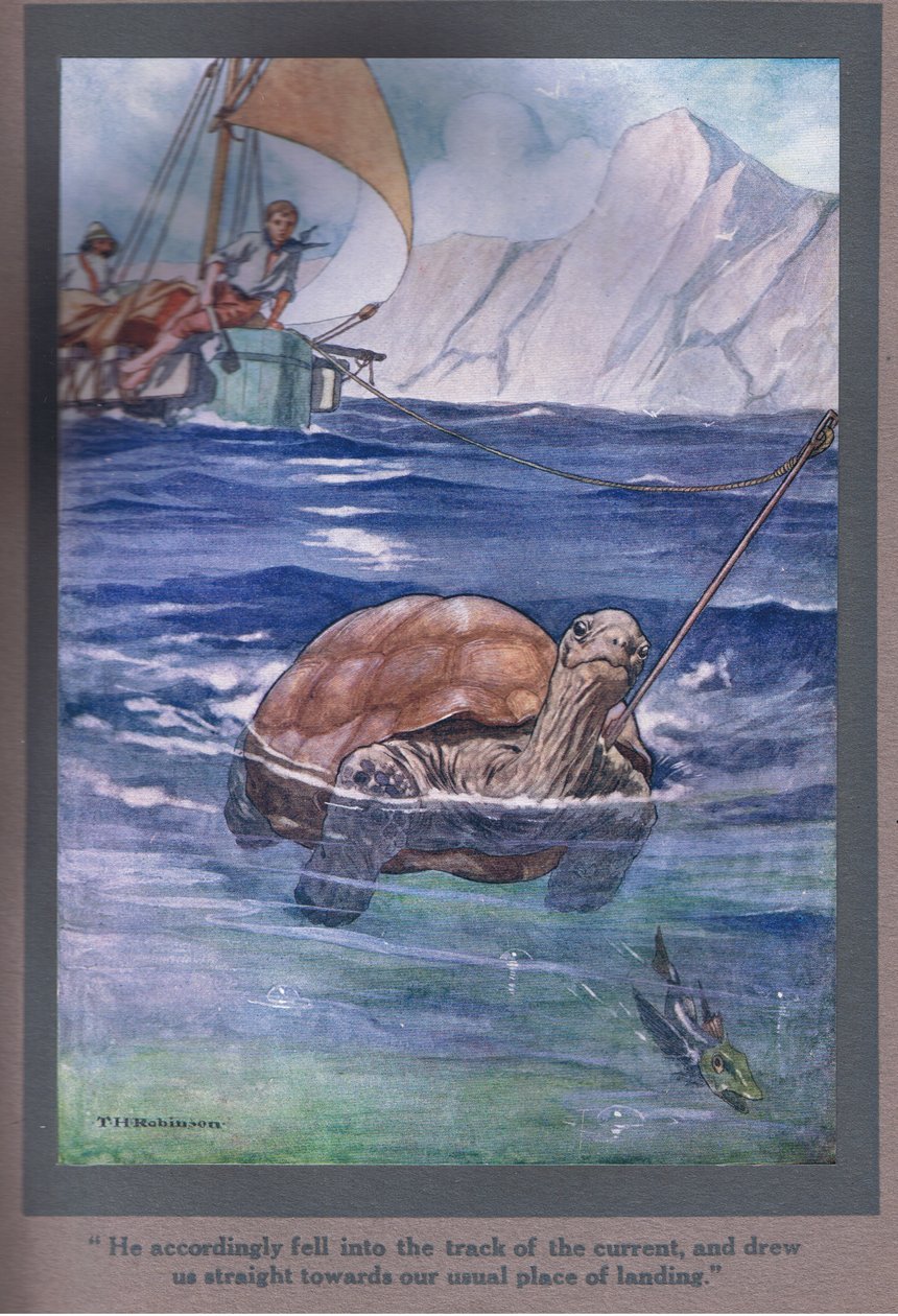 W związku z tym wpadł na tor lotu i pociągnął nas prosto w kierunku naszego zwykłego miejsca lądowania (kolorowa litografia). autorstwa Thomas Heath Robinson