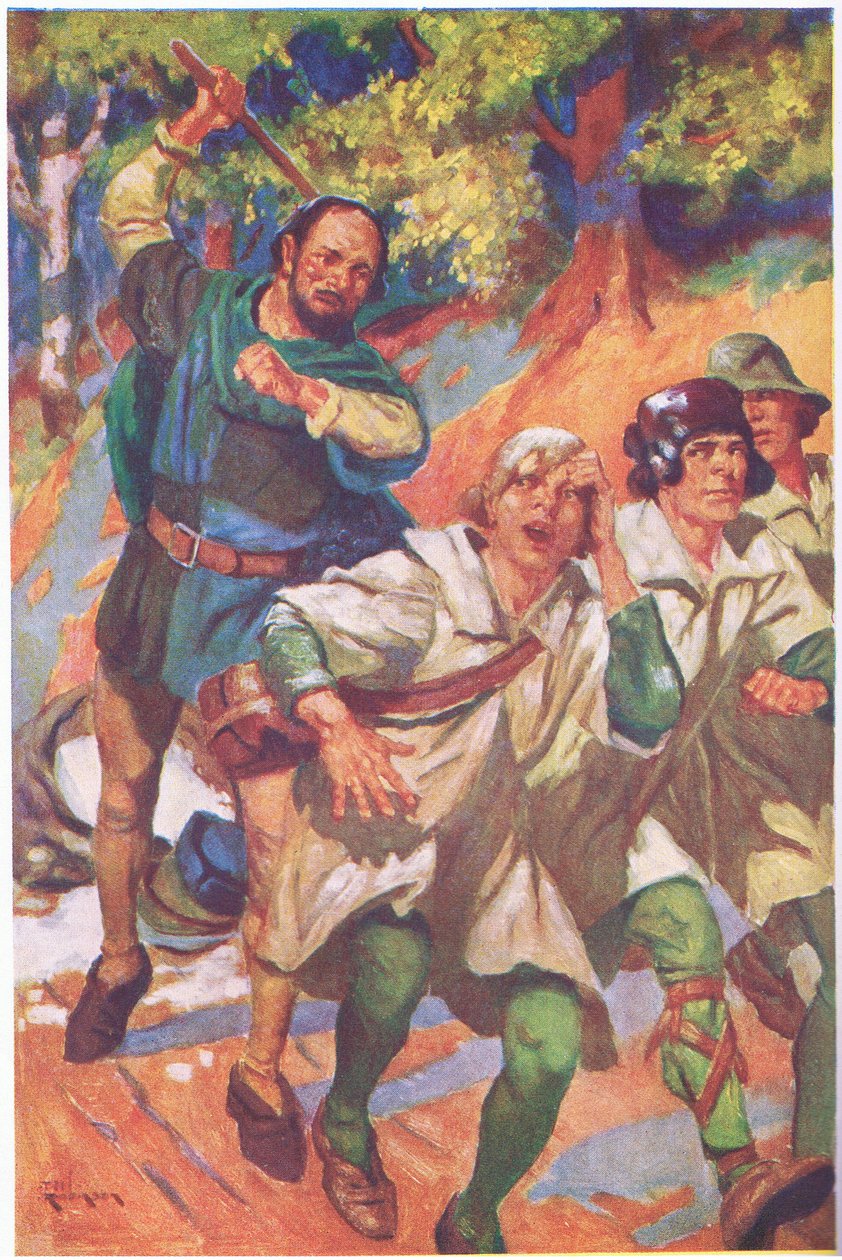 Popędził trójkę przed sobą, ich okrzyki wściekłości i bólu zagłuszył ryk śmiechu (kolorowa litografia). autorstwa Thomas Heath Robinson