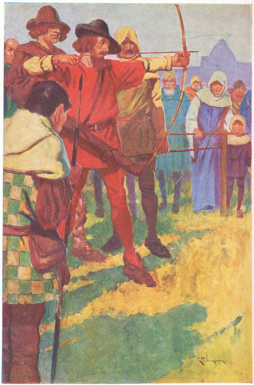Ustawił swój łuk na krótką chwilę, a następnie zwolnił cięciwę (kolorowa litografia) autorstwa Thomas Heath Robinson