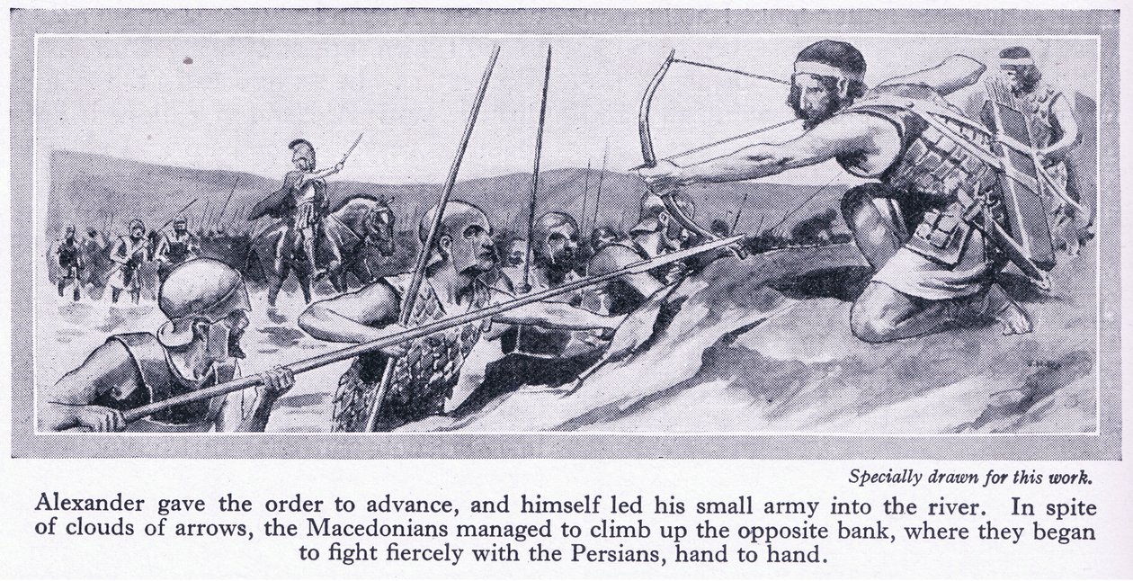Jak Aleksander zdobył swoje imperium: Król Persji Dariusz zgromadził wielką armię, która została pokonana przez Macedończyków w 334 r. p.n.e., ok. 1950 r. (litografia) autorstwa Thomas Heath Robinson