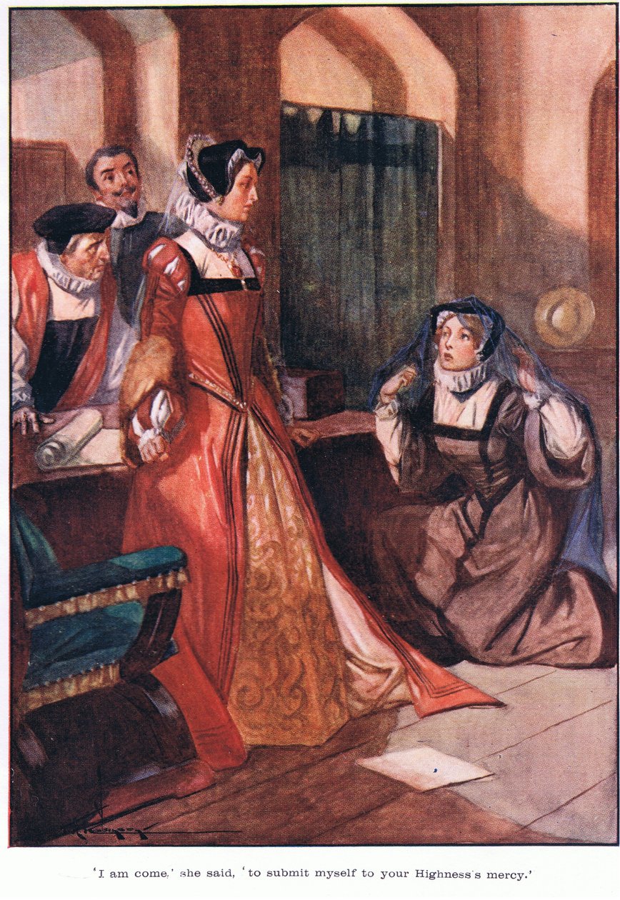"Przyszłam", powiedziała, "aby poddać się łasce Waszej Wysokości". (kolorowa litografia) autorstwa Thomas Heath Robinson
