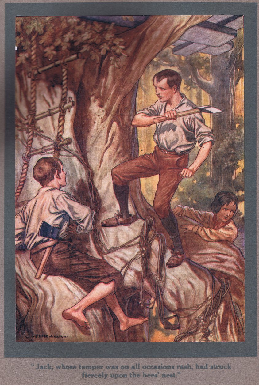 Jack, którego temperament był zawsze porywczy, z furią uderzył w gniazdo pszczół (kolorowa litografia) autorstwa Thomas Heath Robinson