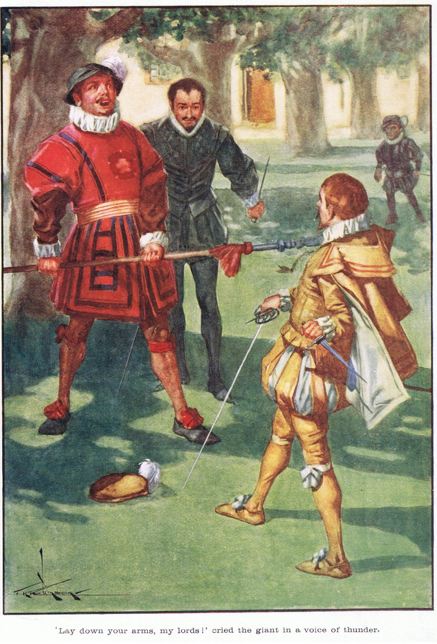 "Złóżcie broń, moi panowie!" zawołał olbrzym głosem grzmotu (kolorowa litografia) autorstwa Thomas Heath Robinson