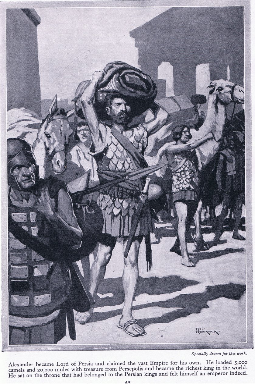 Grabież miasta pełnego skarbów: Aleksander został władcą Persji. Załadował wszystkie skarby z Persepolis, aby stać się bardzo bogatym, ok. 1950 r. (litografia) autorstwa Thomas Heath Robinson