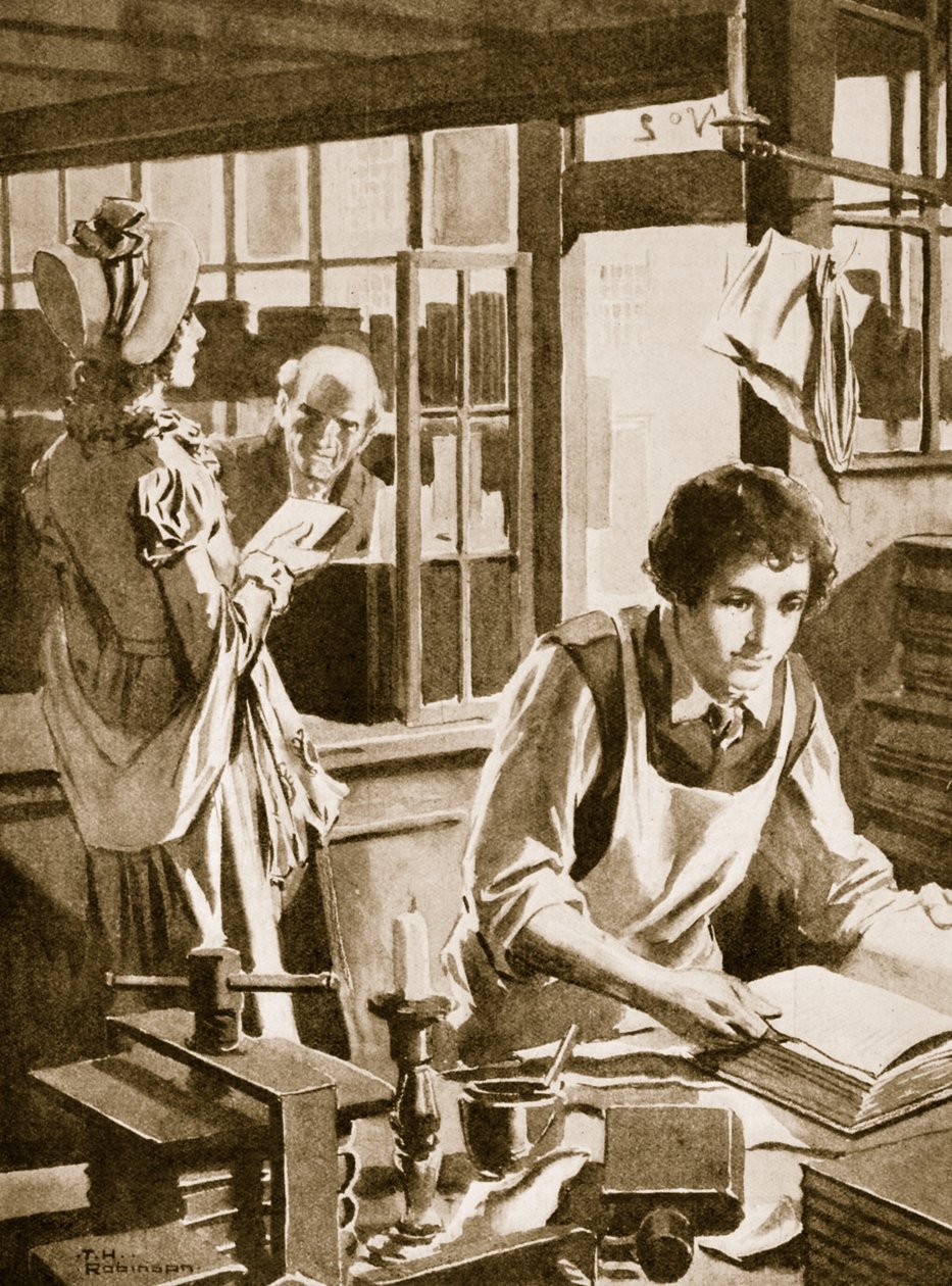 Michael Faraday jako uczeń księgarza czytający encyklopedię (litografia) autorstwa Thomas Heath Robinson