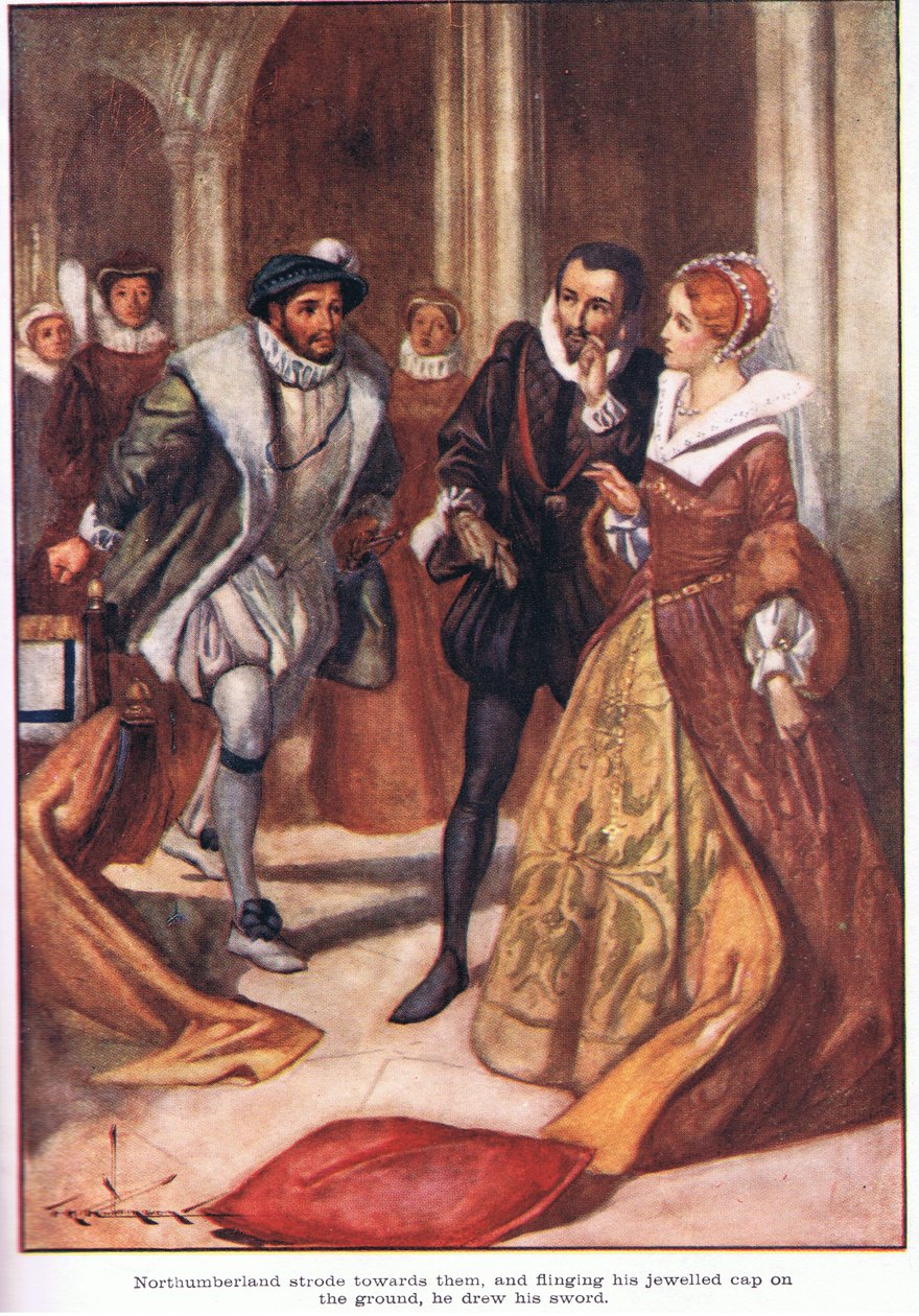Northumberland podszedł do nich i rzucając na ziemię swoją ozdobioną klejnotami czapkę, wyciągnął miecz (kolorowa litografia). autorstwa Thomas Heath Robinson