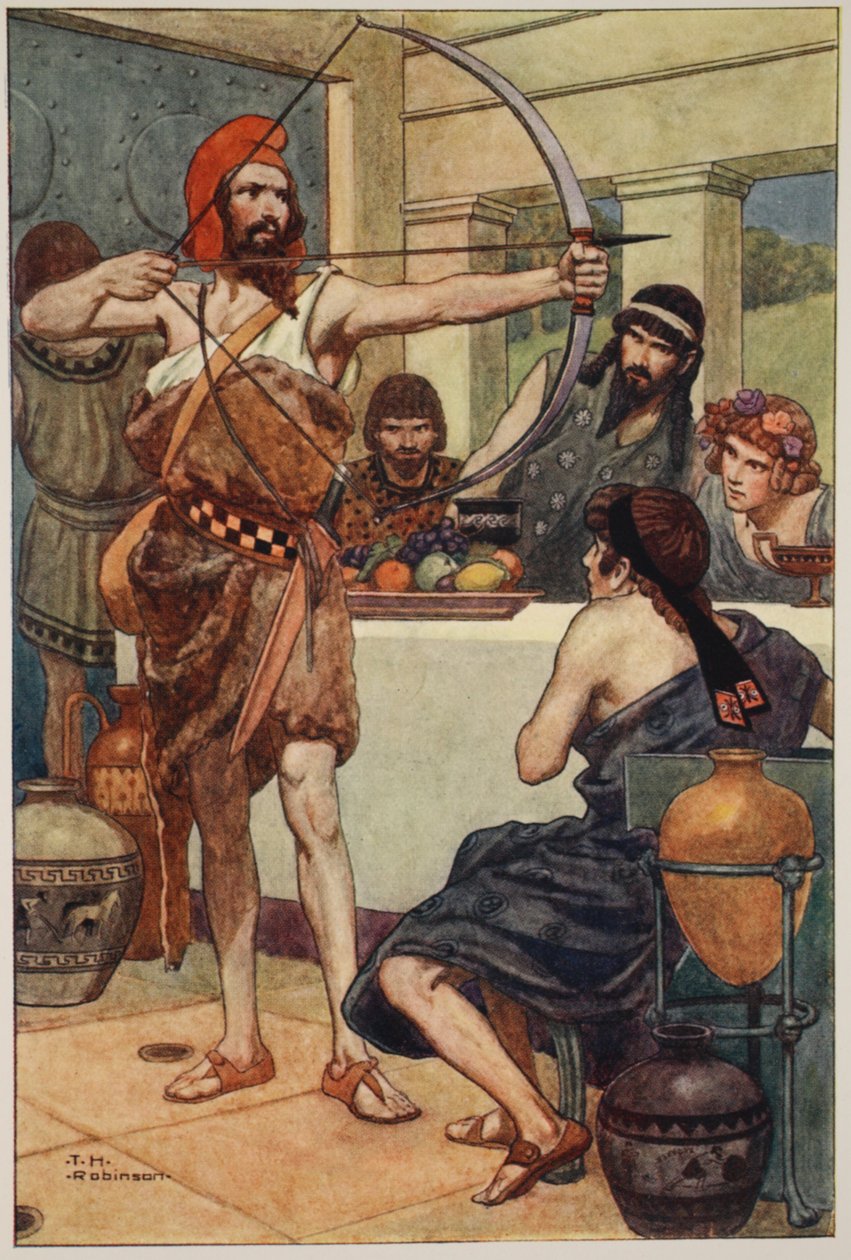 Odyseusz karze zalotników (kolorowa litografia) autorstwa Thomas Heath Robinson