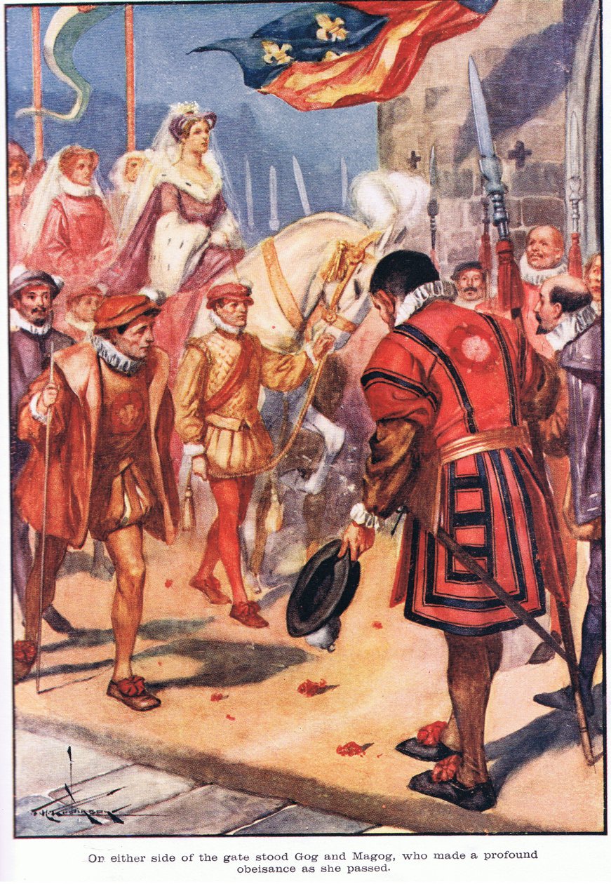 Po obu stronach bramy Gog i Magog, którzy złożyli głęboki pokłon, gdy przechodziła (kolorowa litografia) autorstwa Thomas Heath Robinson