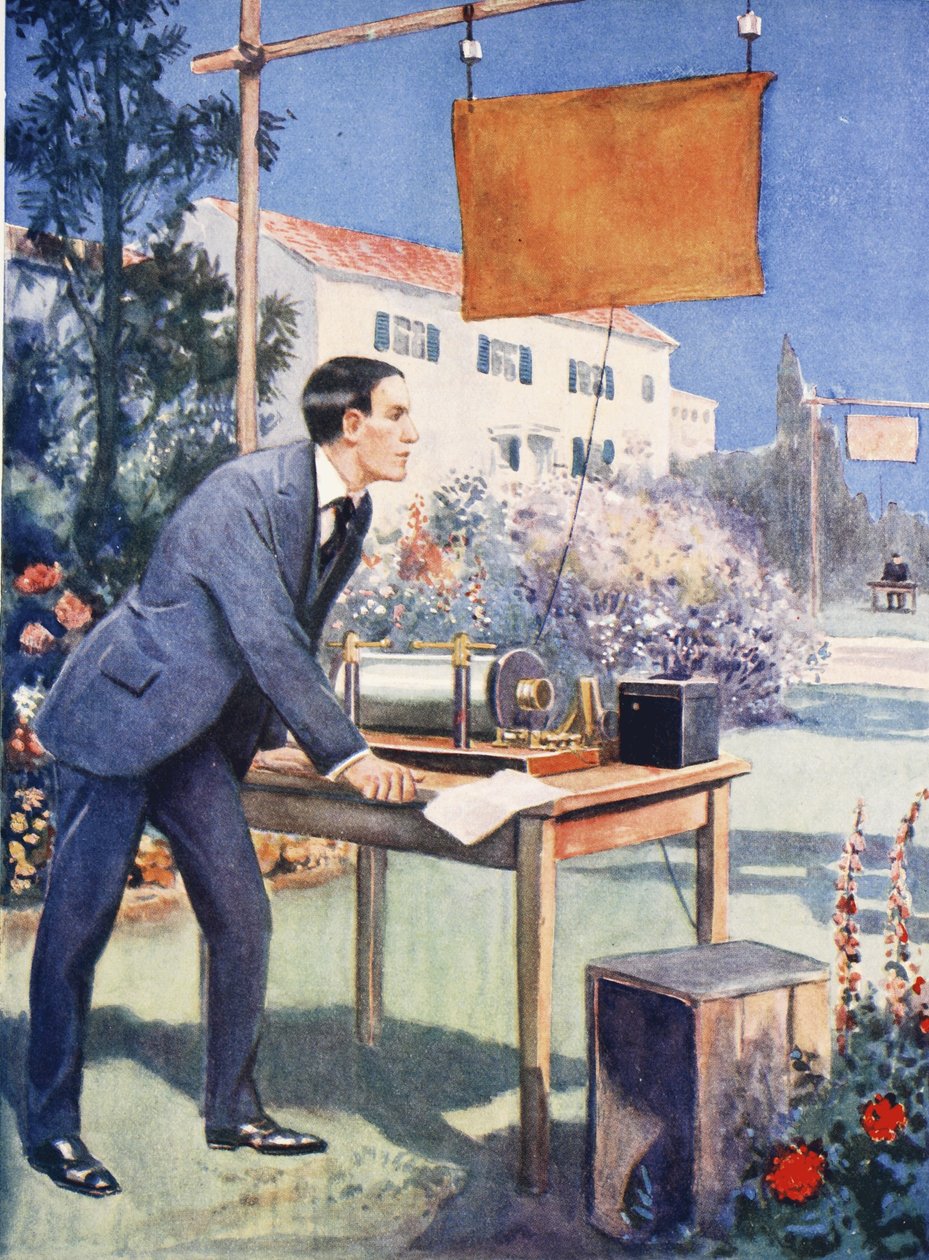 Jeden z najwcześniejszych eksperymentów Marconiego (kolorowa litografia) autorstwa Thomas Heath Robinson