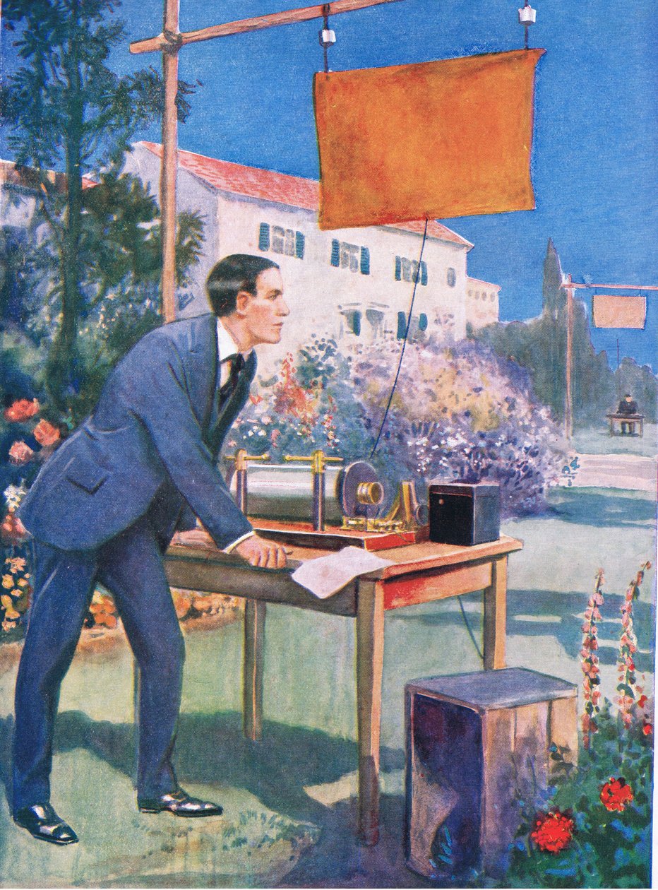 Jeden z najwcześniejszych eksperymentów Marconiego, ilustracja z "Cassell