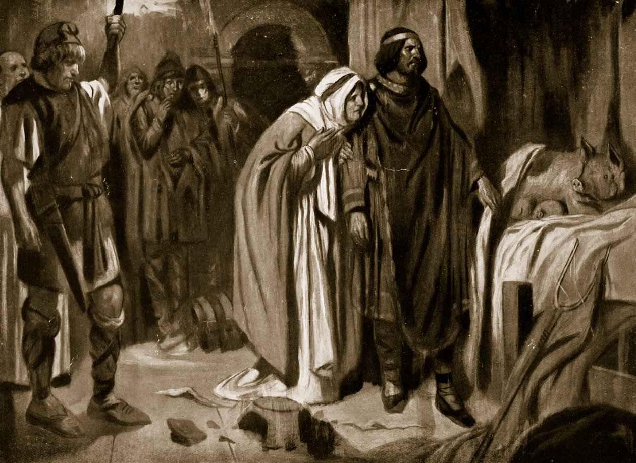 Królowa Ethelburga przekonująca Ine of Wessex do rezygnacji z korony, 728, ilustracja z "Hutchinson
