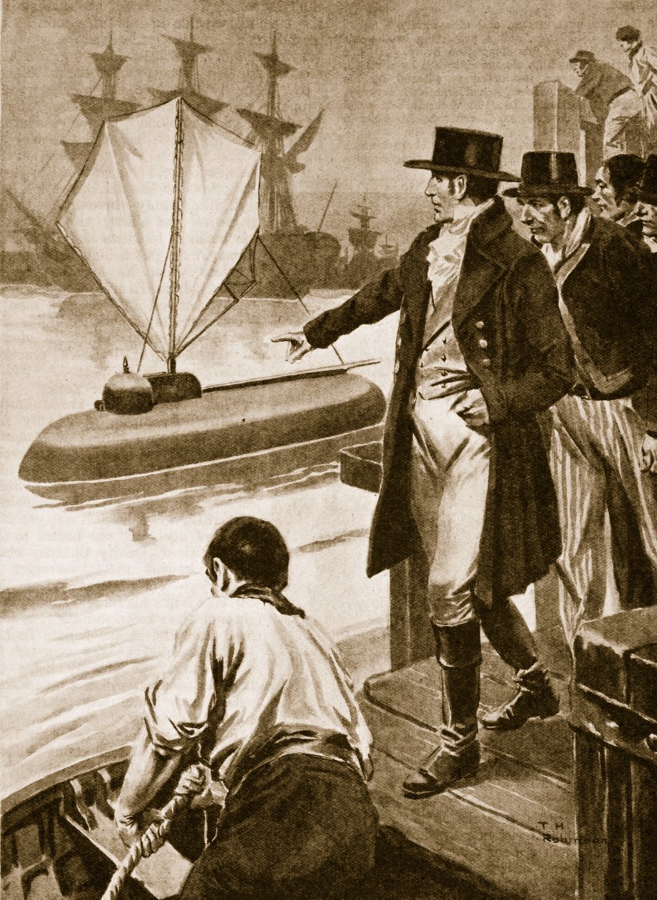 Robert Fulton we Francji pokazujący swój okręt podwodny "Nautilus" w akcji (litografia) autorstwa Thomas Heath Robinson