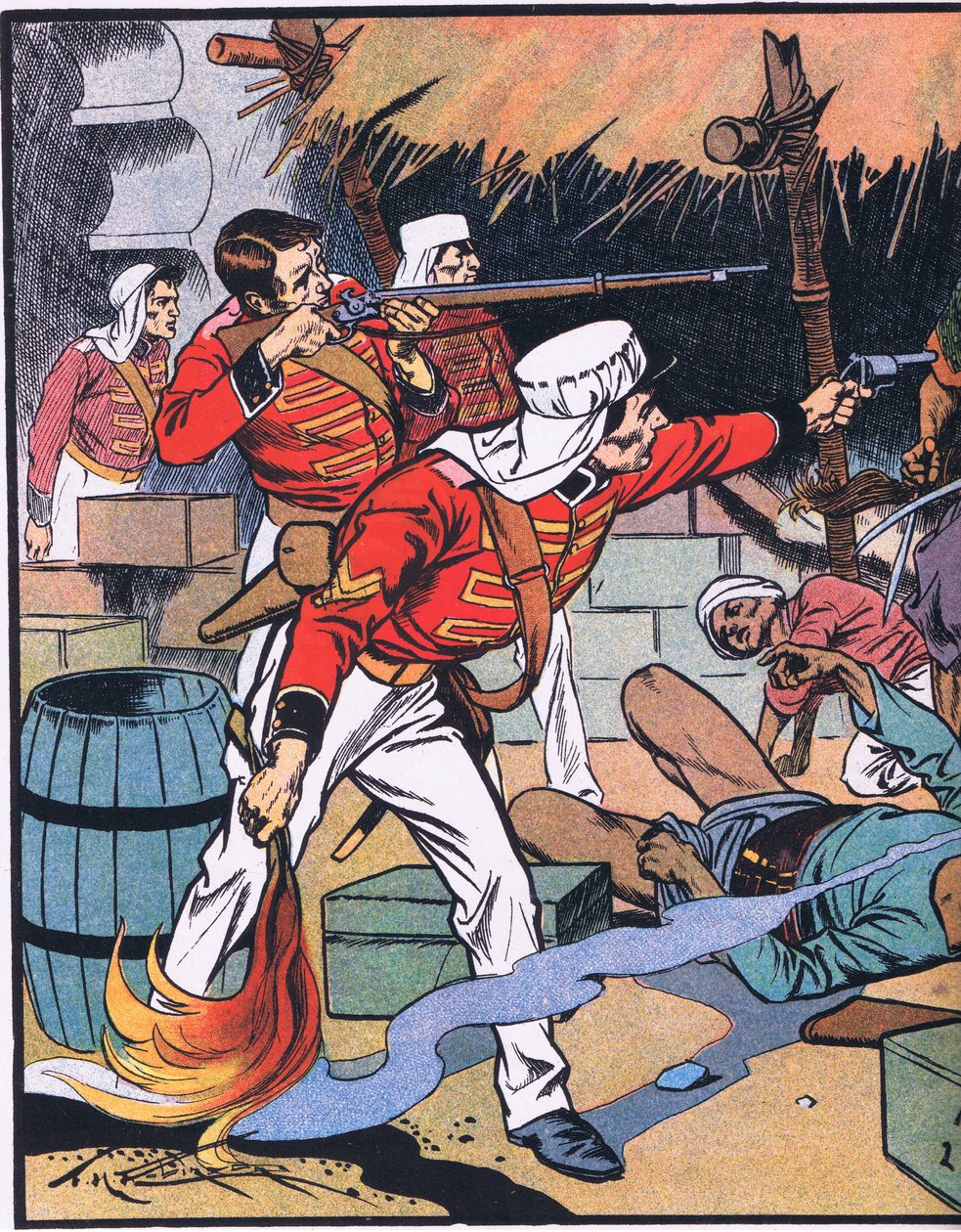 Zniszczenie magazynu w Delhi (kolorowa litografia) autorstwa Thomas Heath Robinson