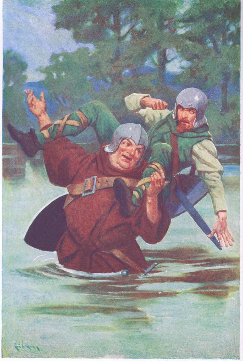 Szarpnięciem swoich wielkich dłoni posłał banitę do strumienia (kolorowa litografia). autorstwa Thomas Heath Robinson