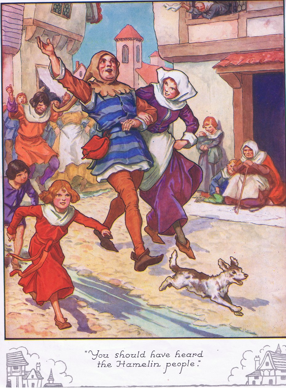 "Powinieneś słyszeć ludzi z Hamelin" (kolorowa litografia) autorstwa Thomas Heath Robinson
