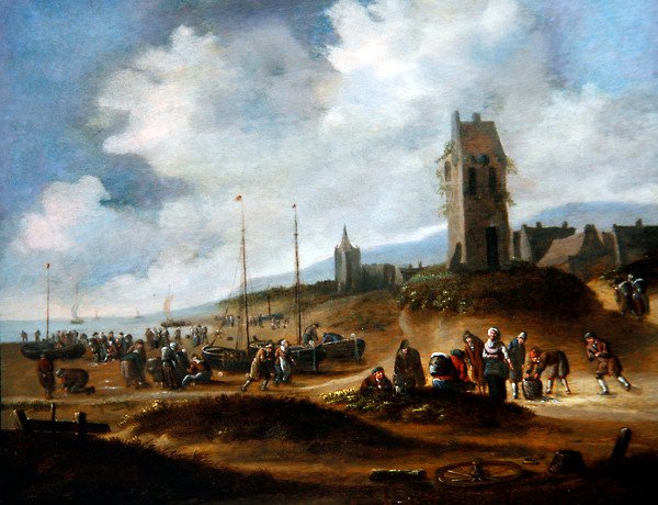 Widok na Egmond z rybakami sprzedającymi swój połów autorstwa Thomas Heeremans