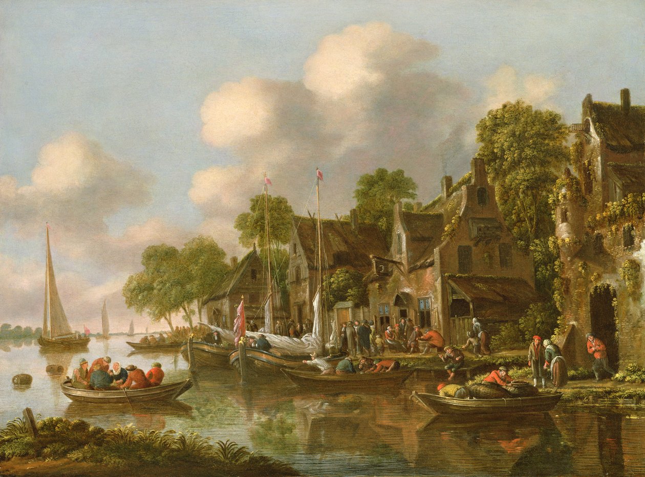 Krajobraz rzeczny z łodziami i figurami przy karczmie, XVII w. autorstwa Thomas Heeremans