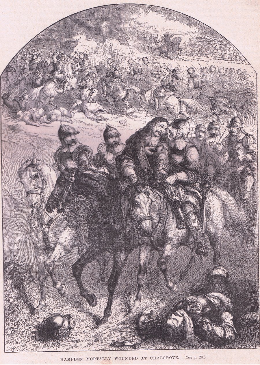 Hampden śmiertelnie ranny pod Chalgrove AD 1643 autorstwa Thomas Henry Nicholson