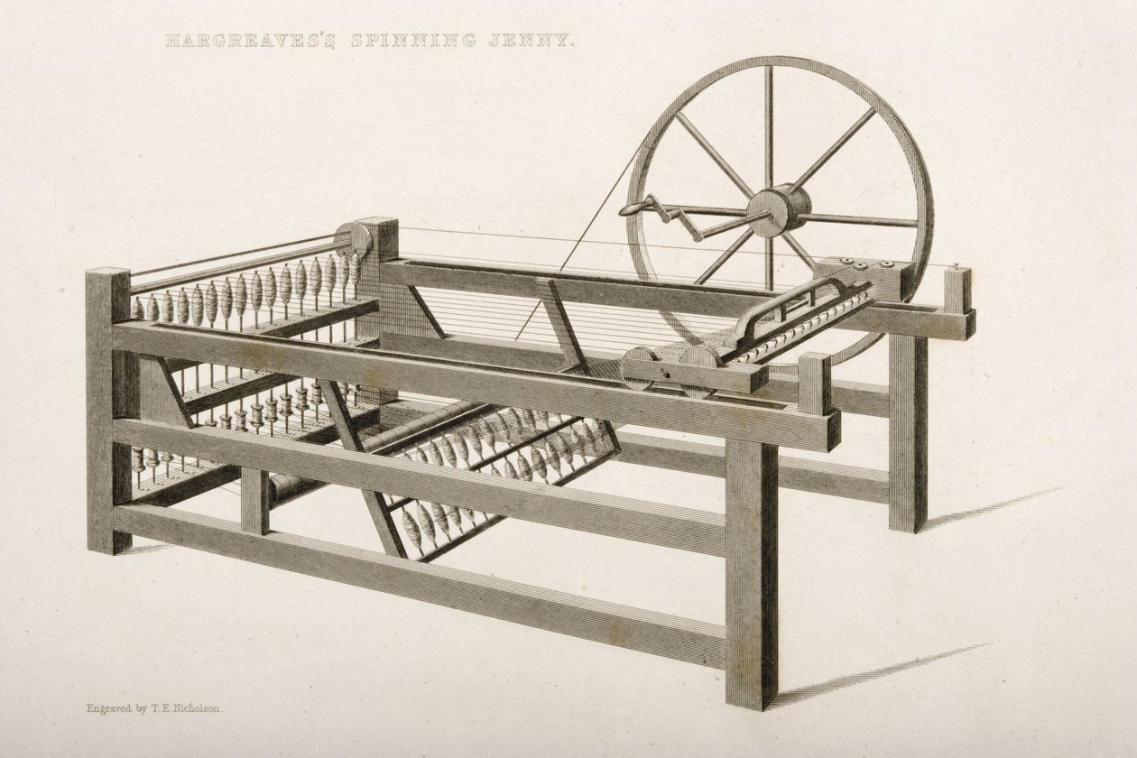 Spinning Jenny, wymyślona przez Jamesa Hargreavesa w 1764, 1835 autorstwa Thomas Henry Nicholson