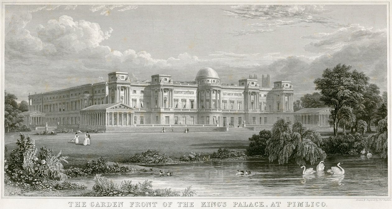„Front ogrodu pałacu królewskiego w Pimlico” Pałac Buckingham, Londyn, 1829 autorstwa Thomas Higham