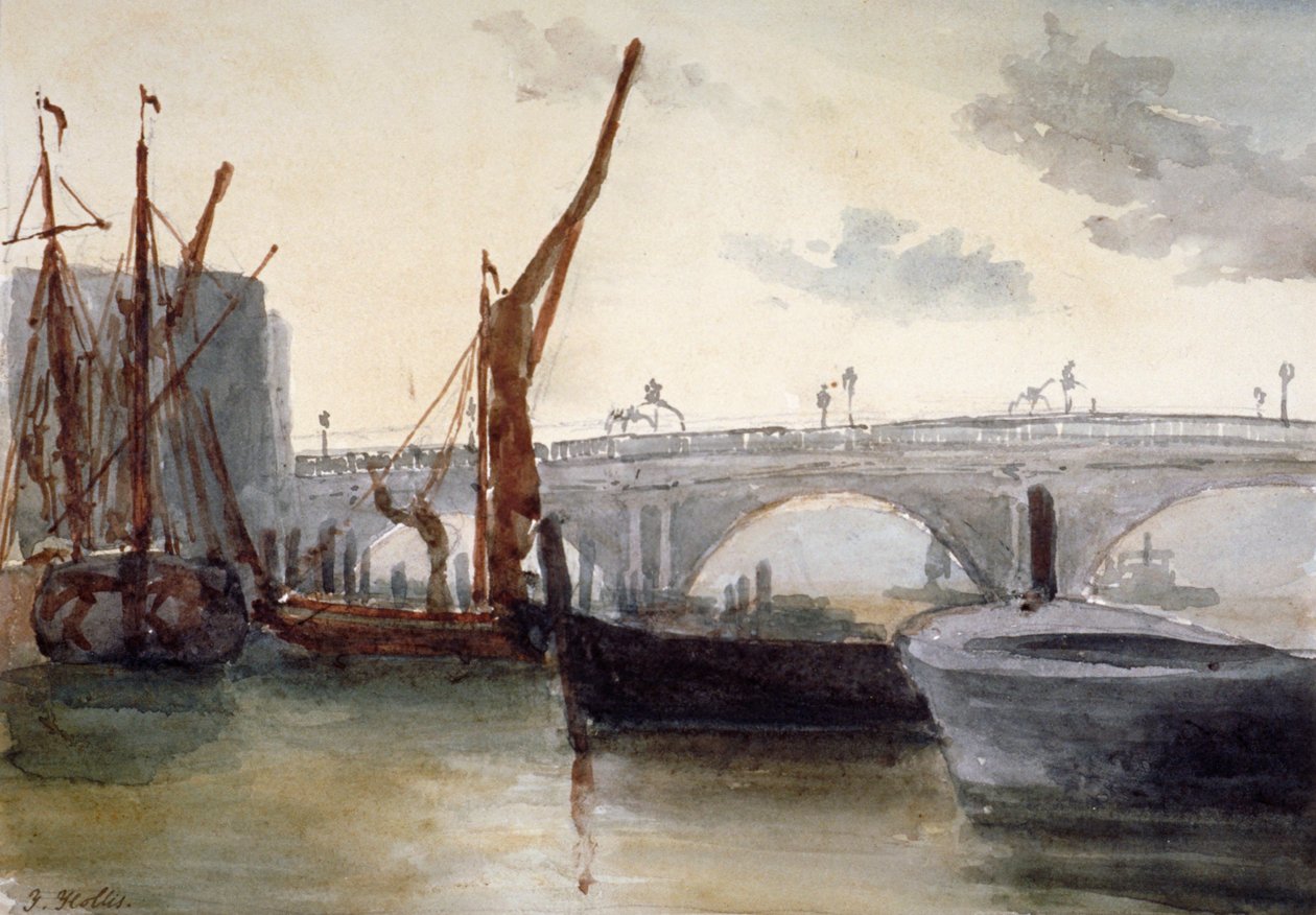 Widok na most Blackfriars z łodziami na pierwszym planie, Londyn, c1835 autorstwa Thomas Hollis