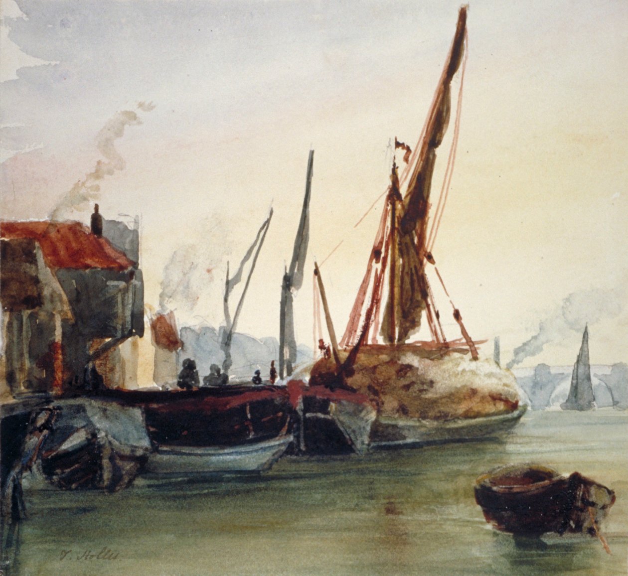 Widok łodzi zacumowanych na Tamizie w Bankside, Southwark, Londyn, c1830. autorstwa Thomas Hollis